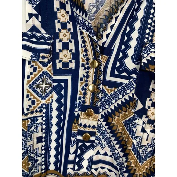SOLD💙Cocomo Top Women Size Large Blue White Geometric Blouse Stretch 3/4 Sleeves - Picture 8 of 16